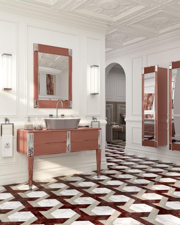 Rialto vanity unit, small bench, wall unit and tall unit, ribbed Marsala glass, mirror