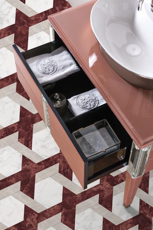 Rialto vanity unit, ribbed Marsala glass, mirror, Calla washbasin