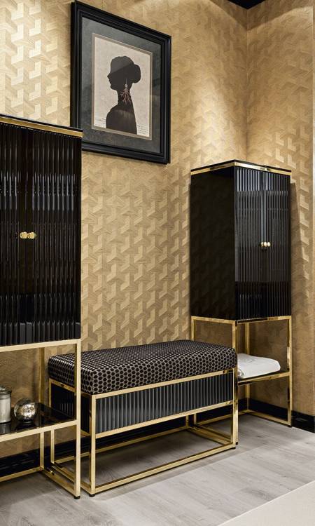 Nights in champagne satin with Academy bathroom collection.