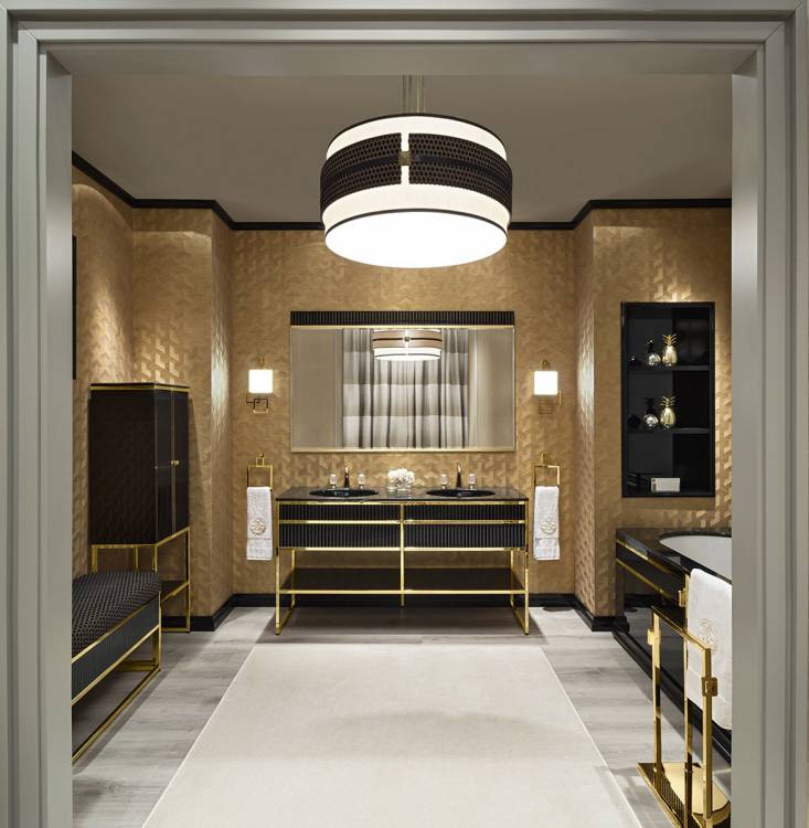 Nights in champagne satin with Academy bathroom collection. 