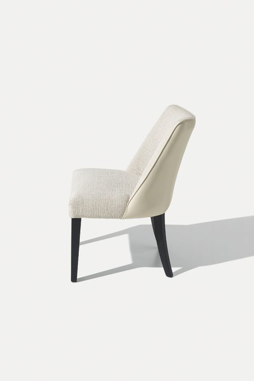 Musa chair with Moka Oak legs and covered in fabric and leather