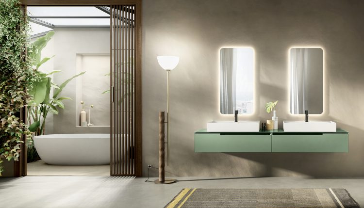 Profilo vanity unit, Salvia finish, glass top with Rebel countertop washbasins, Freud mirror