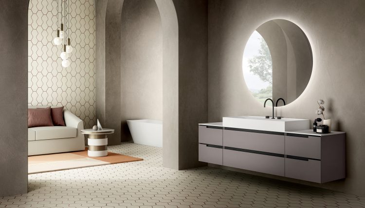 Profilo vanity unit, Cappuccino finish, top in Lightfeel with Rebel countertop washbasin, Joyce mirror