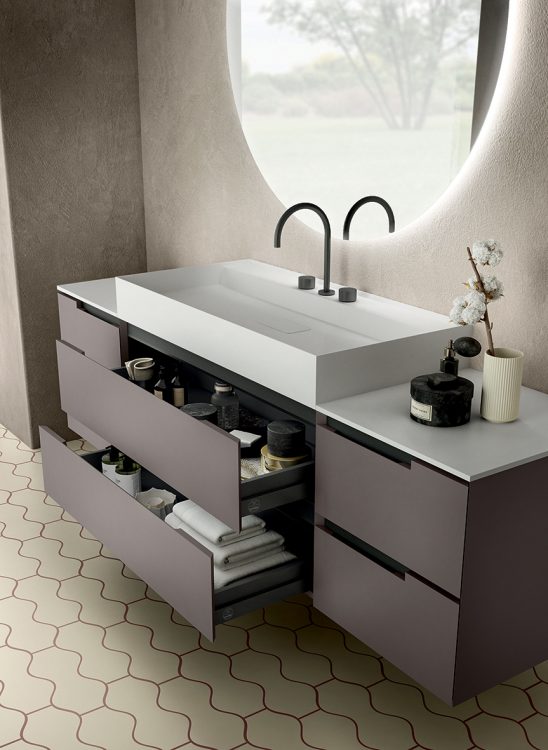 Profilo vanity unit, Cappuccino finish, top in Lightfeel with Rebel countertop washbasin, Joyce mirror