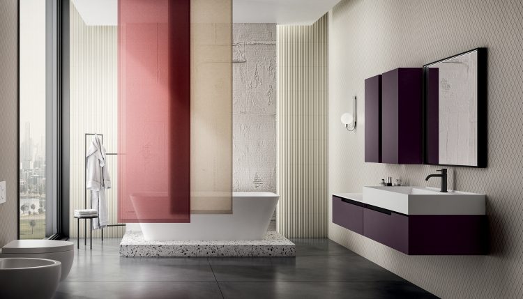 Profilo vanity unit, Prugna finish, top in Lightfeel with Rebel countertop washbasin, Mirò mirror, wall units