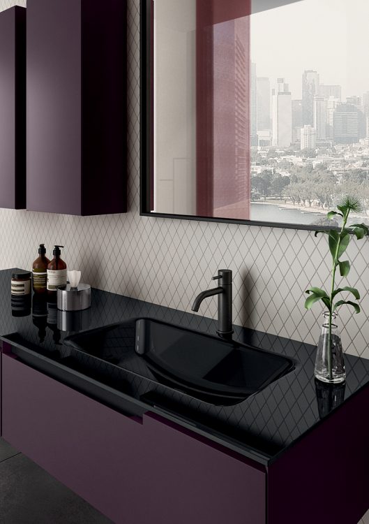 Profilo vanity unit, Prugna finish, Maya integrated glass top, Mirò mirror, wall units