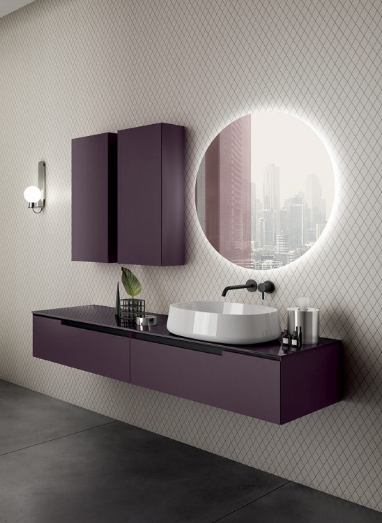 Profilo vanity unit, Prugna finish, glass top with Nola basin, Joyce mirror, wall units