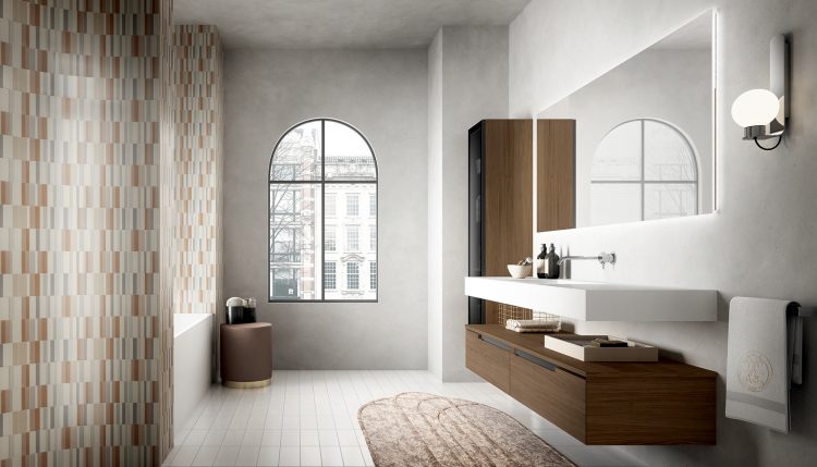 Profilo vanity unit, Walnut finish, Paul suspended washbasin in Lightfeel, Dalì Full mirror, tall unit