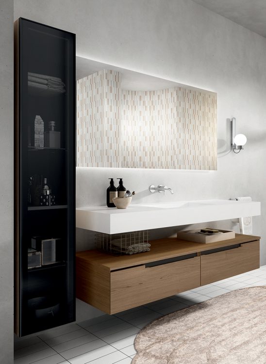 Profilo vanity unit, Walnut finish, Paul suspended washbasin in Lightfeel, Dalì Full mirror, tall unit