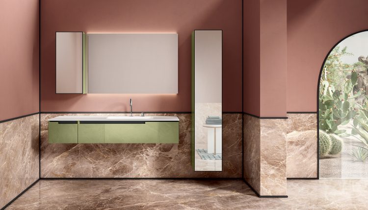 Profilo vanity unit, Mint finish, Edy integrated Geacril washbasin, Dalì Up&Down mirror, tall unit and wall unit