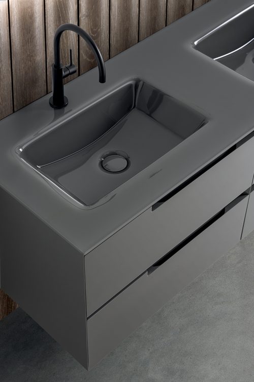 Profilo vanity unit, Medium Grey finish, Maya integrated glass top, Dalì Full mirror