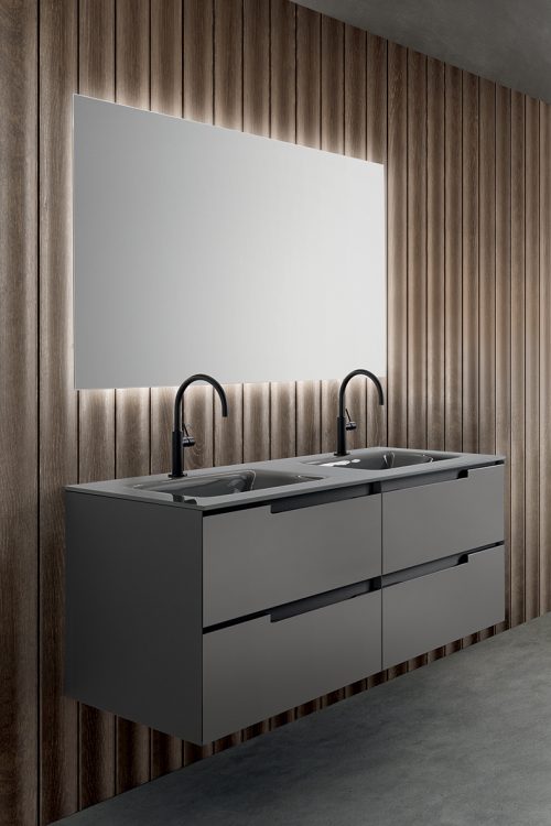 Profilo vanity unit, Medium Grey finish, Maya integrated glass top, Dalì Full mirror