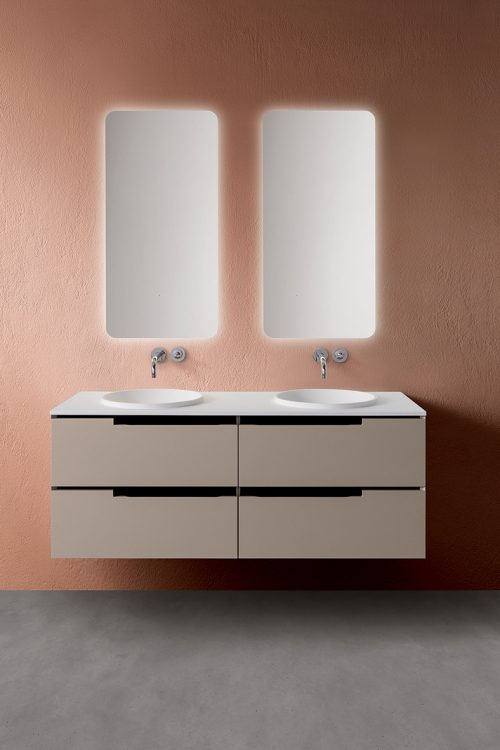 Profilo vanity unit, Tortora finish, Lightfeel top with Circle basins, Freud mirror