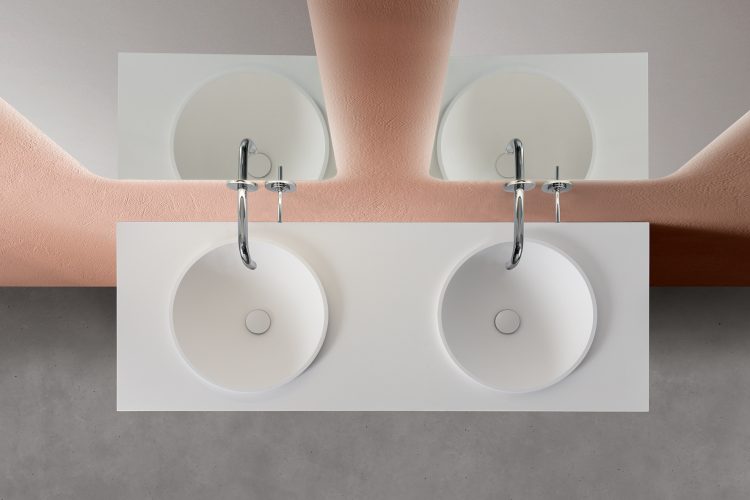 Profilo vanity unit, Tortora finish, Lightfeel top with Circle basins, Freud mirror