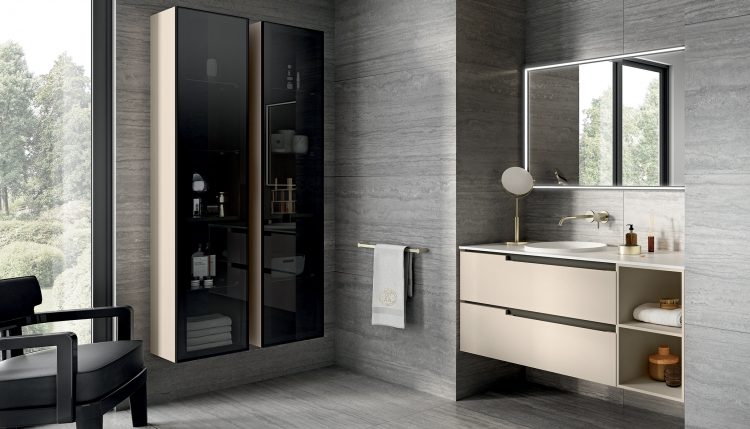 Profilo vanity unit, Lino finish, Lightfeel top with Circle basins, open shelves, Alex mirror
