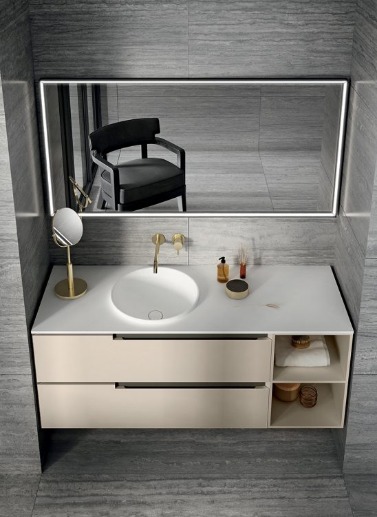 Profilo vanity unit, Lino finish, Lightfeel top with Circle basins, open shelves, Alex mirror