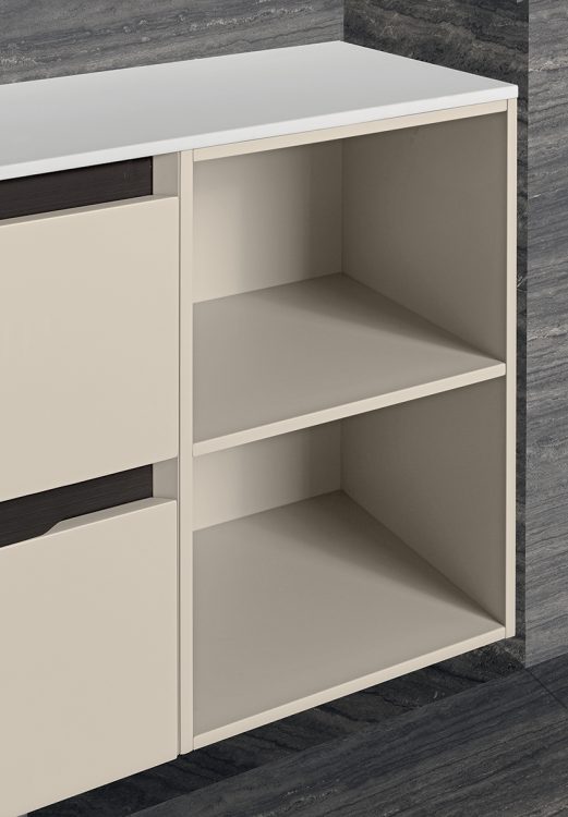 Profilo vanity unit, Lino finish, Lightfeel top with Circle basins, open shelves, Alex mirror