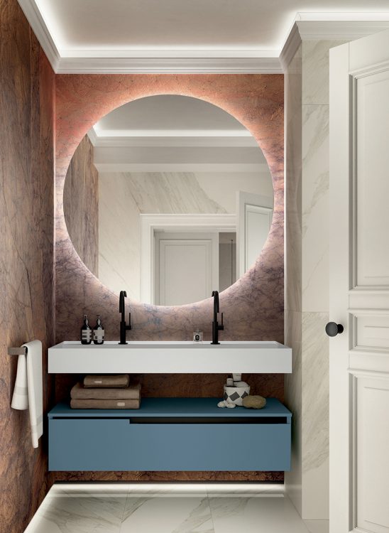 Profilo vanity unit, Cobalto finish, Rebel suspended washbasin, Joyce mirror