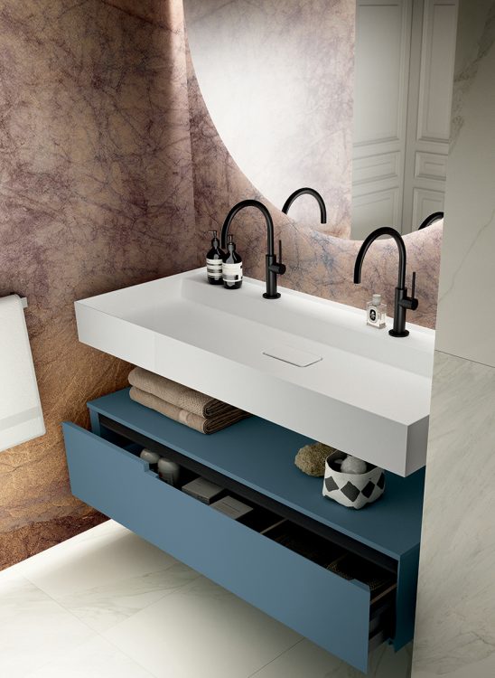 Profilo vanity unit, Cobalto finish, Rebel suspended washbasin, Joyce mirror