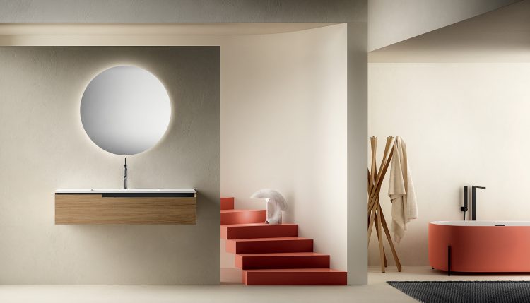 Profilo vanity unit, Sand finish, Cut integrated washbasin, Joyce mirror