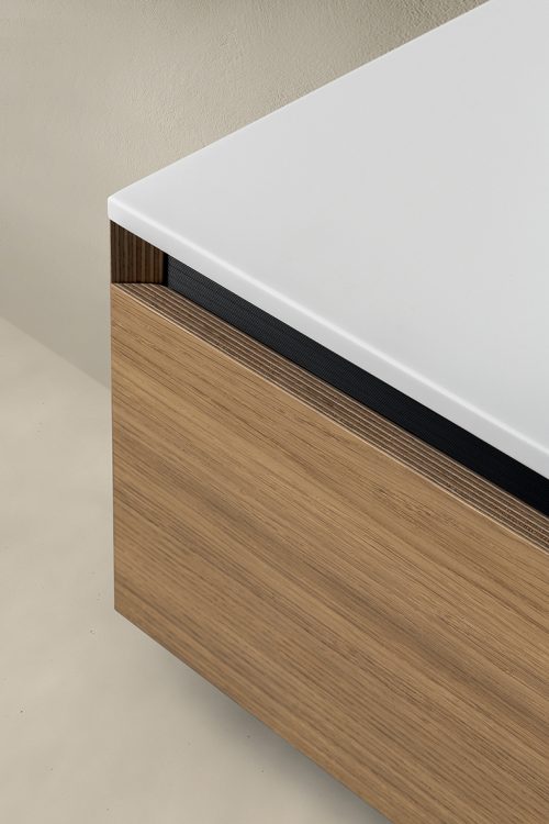 Profilo vanity unit, Sand finish, Cut integrated washbasin, Joyce mirror