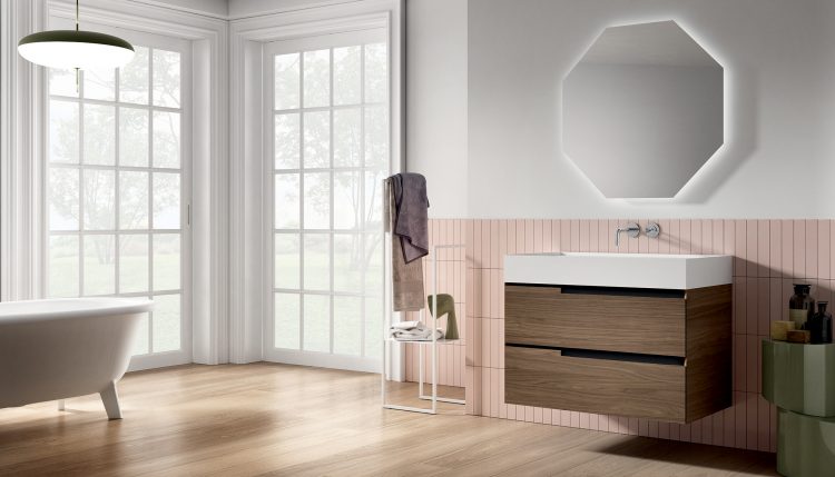 Profilo vanity unit, Walnut finish, Rebel countertop washbasin, Jung mirror
