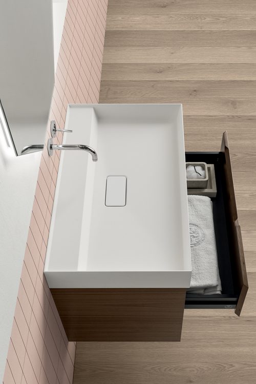 Profilo vanity unit, Walnut finish, Rebel countertop washbasin, Jung mirror