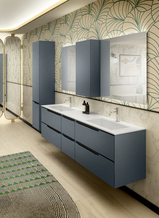 Profilo vanity unit, Smoke finish, Cut integrated washbasin, Dalì Up&Down mirror, wall unit, tall unit