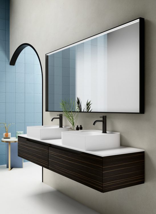 Profilo vanity unit, Ammara Ebony finish, Lightfeel top with Leaf countertop washbasins, Alex mirror