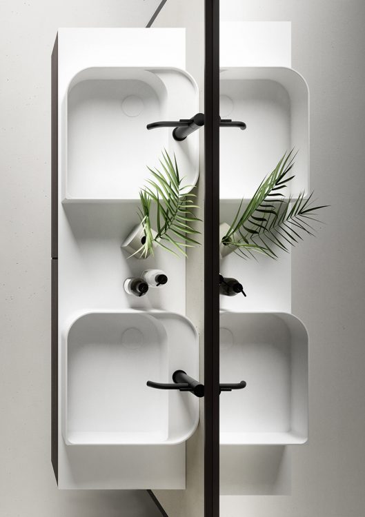 Profilo vanity unit, Ammara Ebony finish, Lightfeel top with Leaf countertop washbasins, Alex mirror