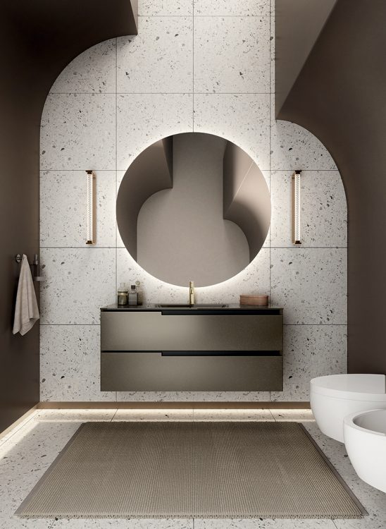 Profilo vanity unit, Gianduia finish, Maya integrated glass top, Joyce mirror
