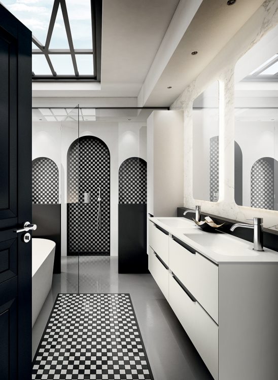 Profilo vanity unit, Bianco finish, Tray integrated washbasin, Freud mirror, tall unit