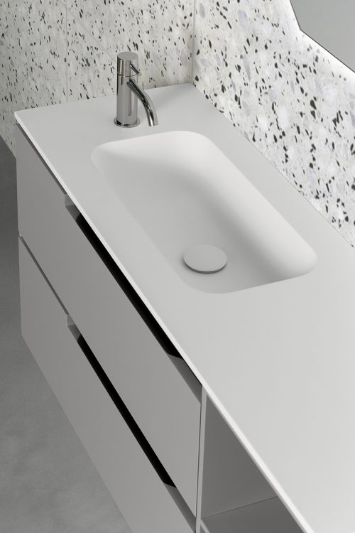 Profilo vanity unit, Cemento finish, Roy integrated washbasin, Jung mirror