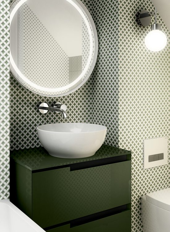 Profilo vanity unit, Forest finish, glass top with Jenny countertop washbasin, Dream mirror