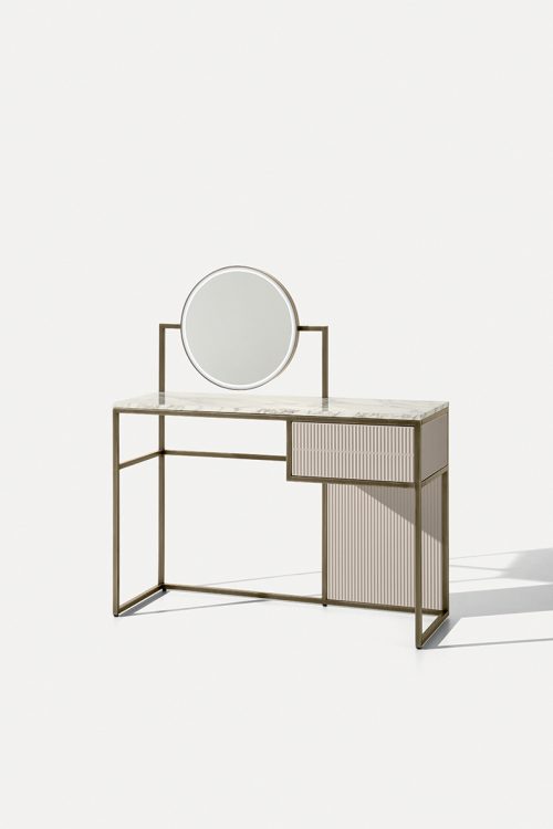 Academy dressing table in Tortora finish, bronze metal base and Calacatta Oro marble top