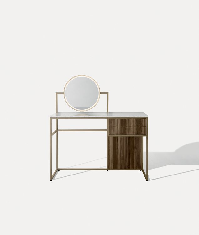 Academy dressing table in Walnut finish, bronze metal base and Bianco Statuario marble top