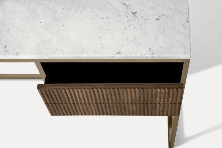 Academy dressing table in Walnut finish, bronze metal base and Bianco Statuario marble top