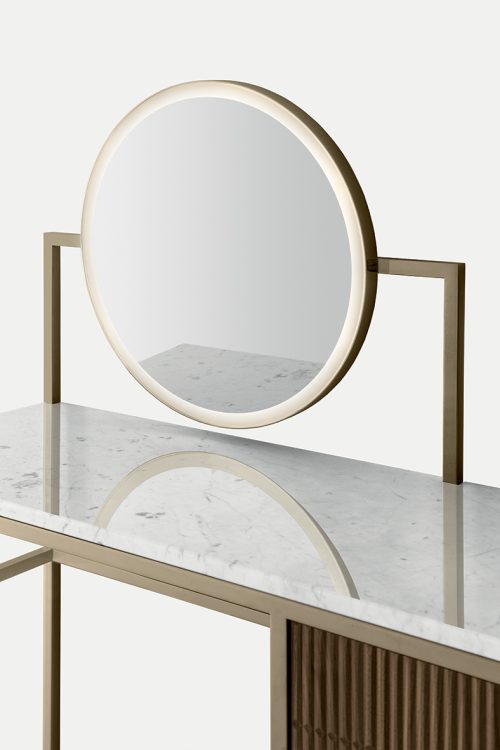 Academy dressing table in Walnut finish, bronze metal base and Bianco Statuario marble top