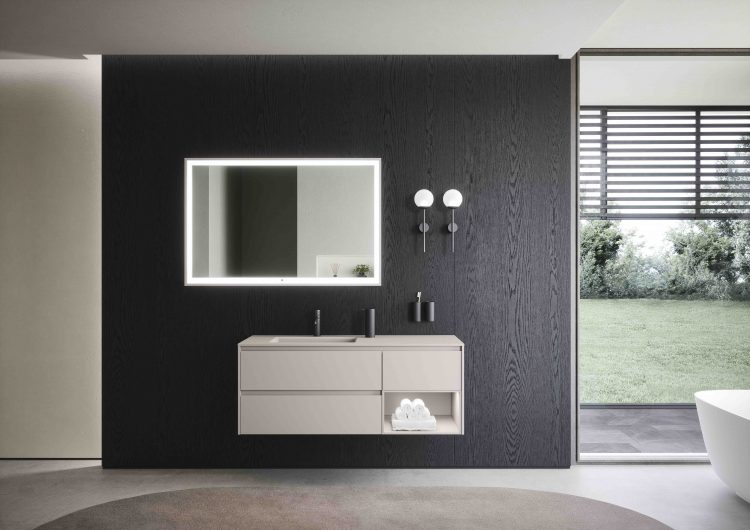 Eden vanity unit, Matt "Tortora elegance" lacquered finish, My Sun Mirror, Lume lamps