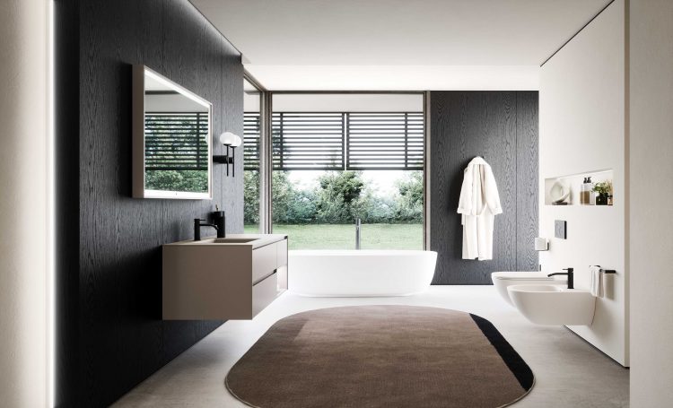 Eden vanity units in matt "Tortora elegance" lacquered finish, My Sun mirror, Hydra bathtub