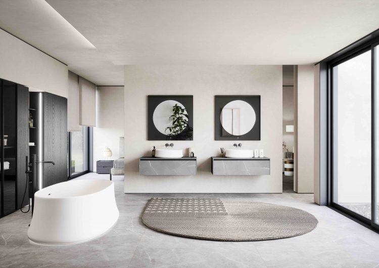 Eden vanity units, Pietra Piasentina porcelain stone finish, Roma mirrors 