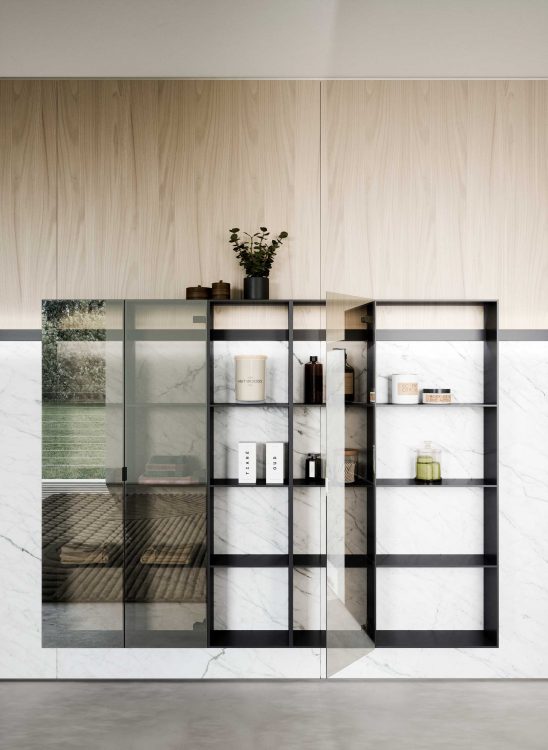 Line bar, modules in satin-brushed Black aluminium frame with glass doors and modules with open compartments 
