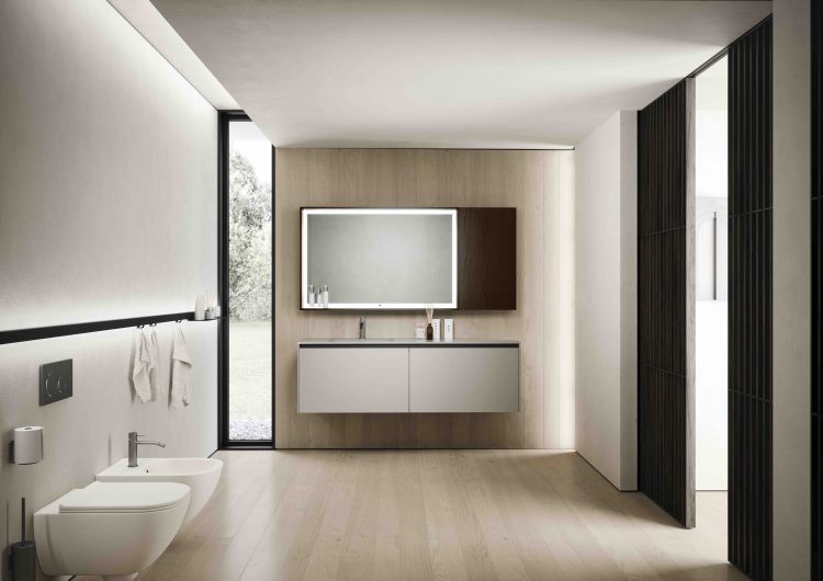 Eden vanity unit in Matt "Elegance Grey" lacquered finish, Charles Mirror, Wall unit in Black Chestnut wooden finish