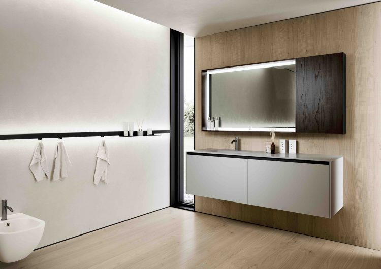 Eden vanity units in Matt "Elegance Grey" lacquered finish, Charles Mirror, Line bar and accessories