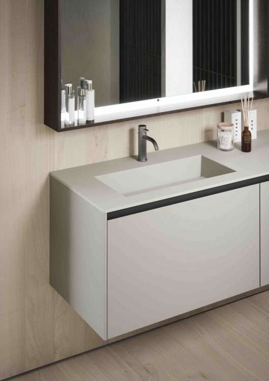 Eden vanity unit in Matt "Elegance Grey" lacquered finish, Top in "Elegance Grey" Purefeel with Nick integrated washbasin