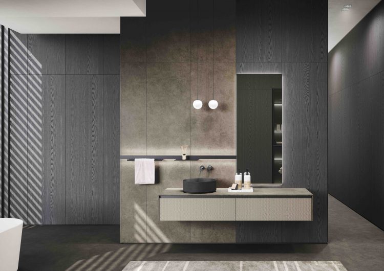 Eden vanity unit with frontal drawers in Woven leather Deluxe version, Lume suspended lamps, Dalì Full Mirror, Line bar and accessories