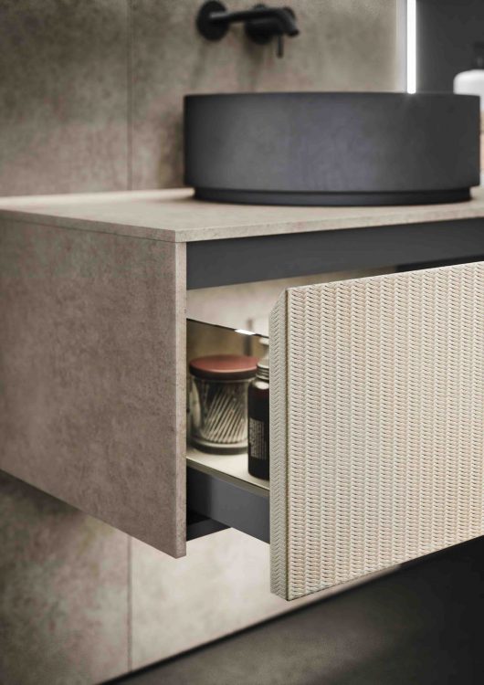 Frontal drawers in Woven leather Deluxe version, Julia wahbasin in Black purefeel
