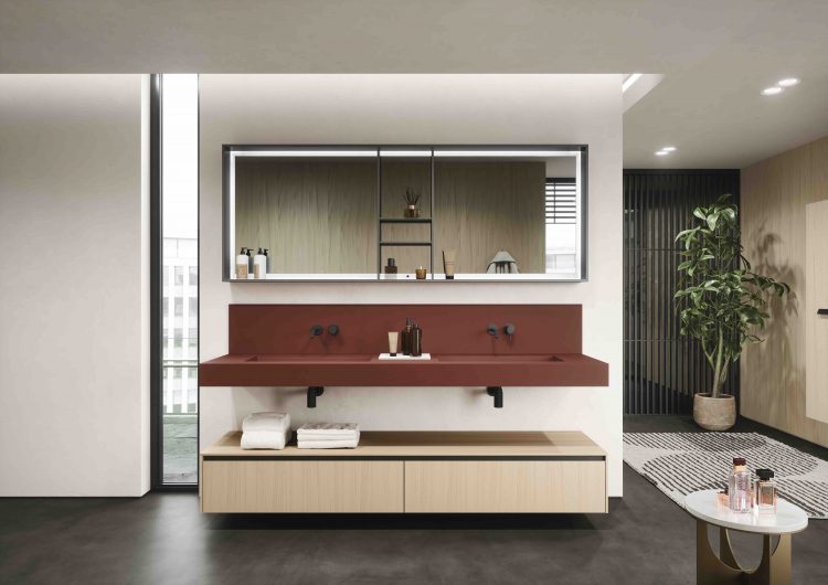 Top in Rosso Jaipur Fenix, Complementary units in White Chestnut wooden finish, Acca Mirror