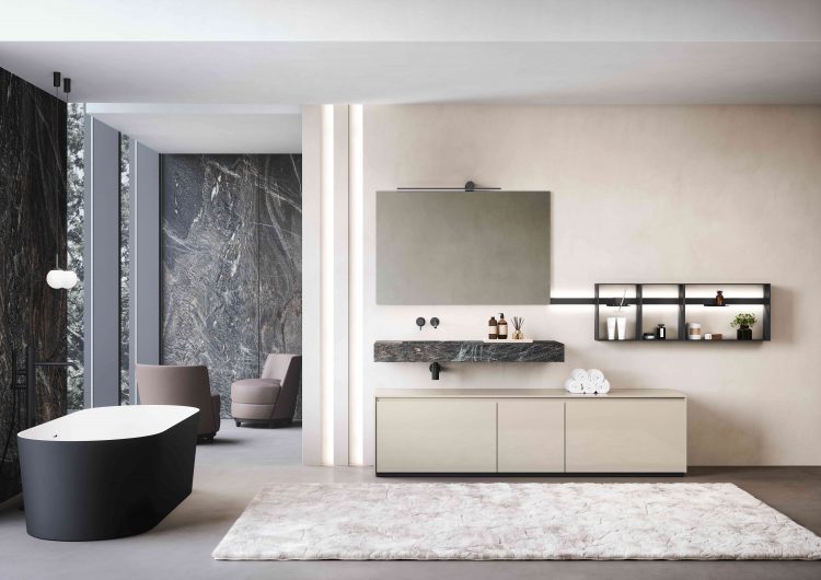 Eden vanity unit, Glossy "Sabbia" lacquered finish, Top in Jatoba Brown porcelain stone, Easy mirror with Tetris lamp 