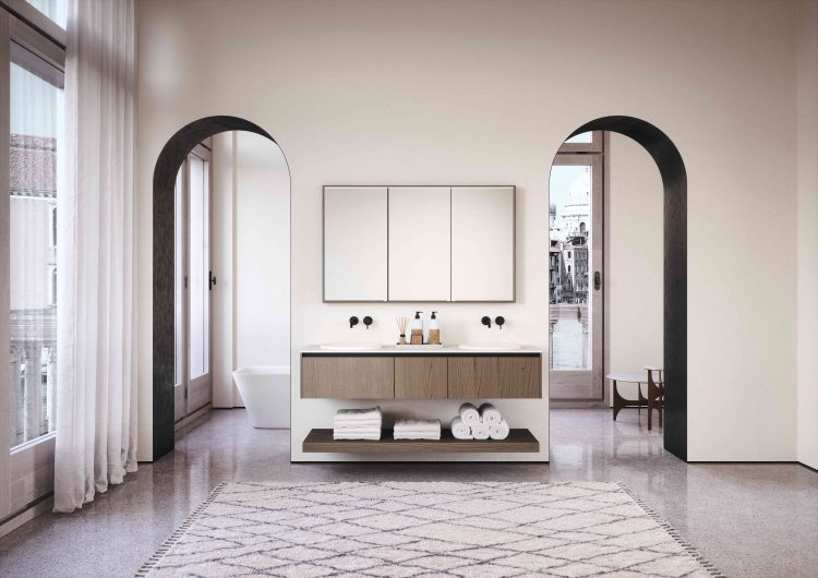 Eden vanity units in Grey Chestnut finish, Top in lightfeel, Voltaire Mirror